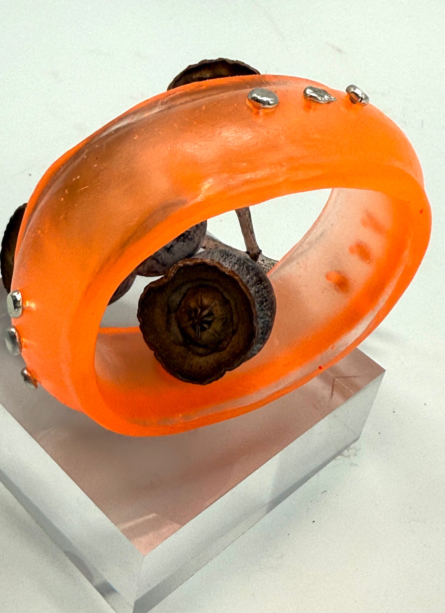 Orange Resin & silver wide bangle - regular hand size