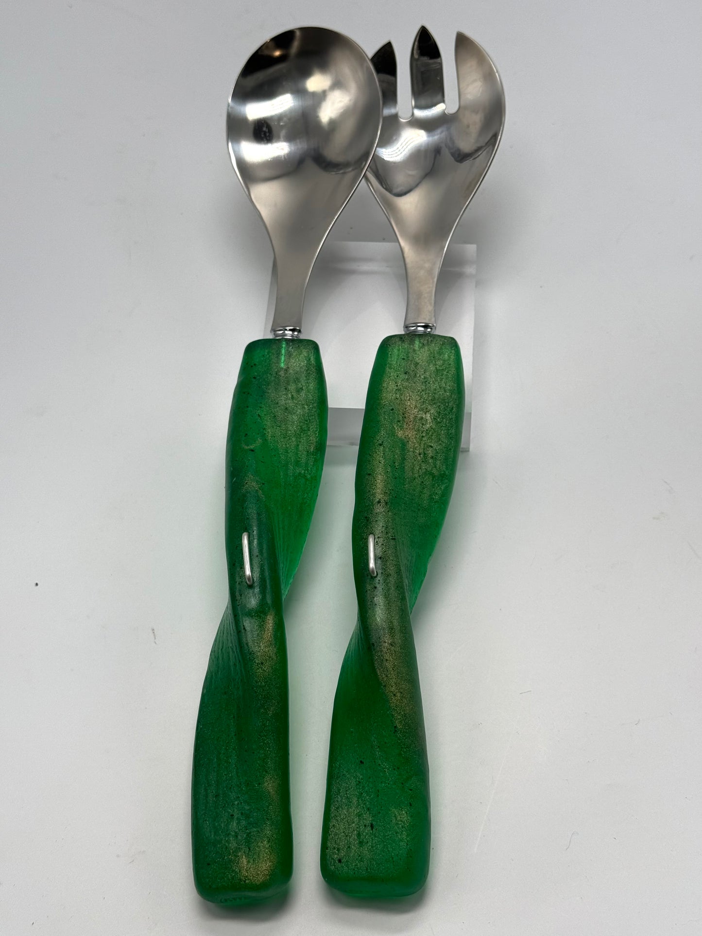Salad Servers - Jade Green/gold resin & silver twist handle with Stainless steel spoon