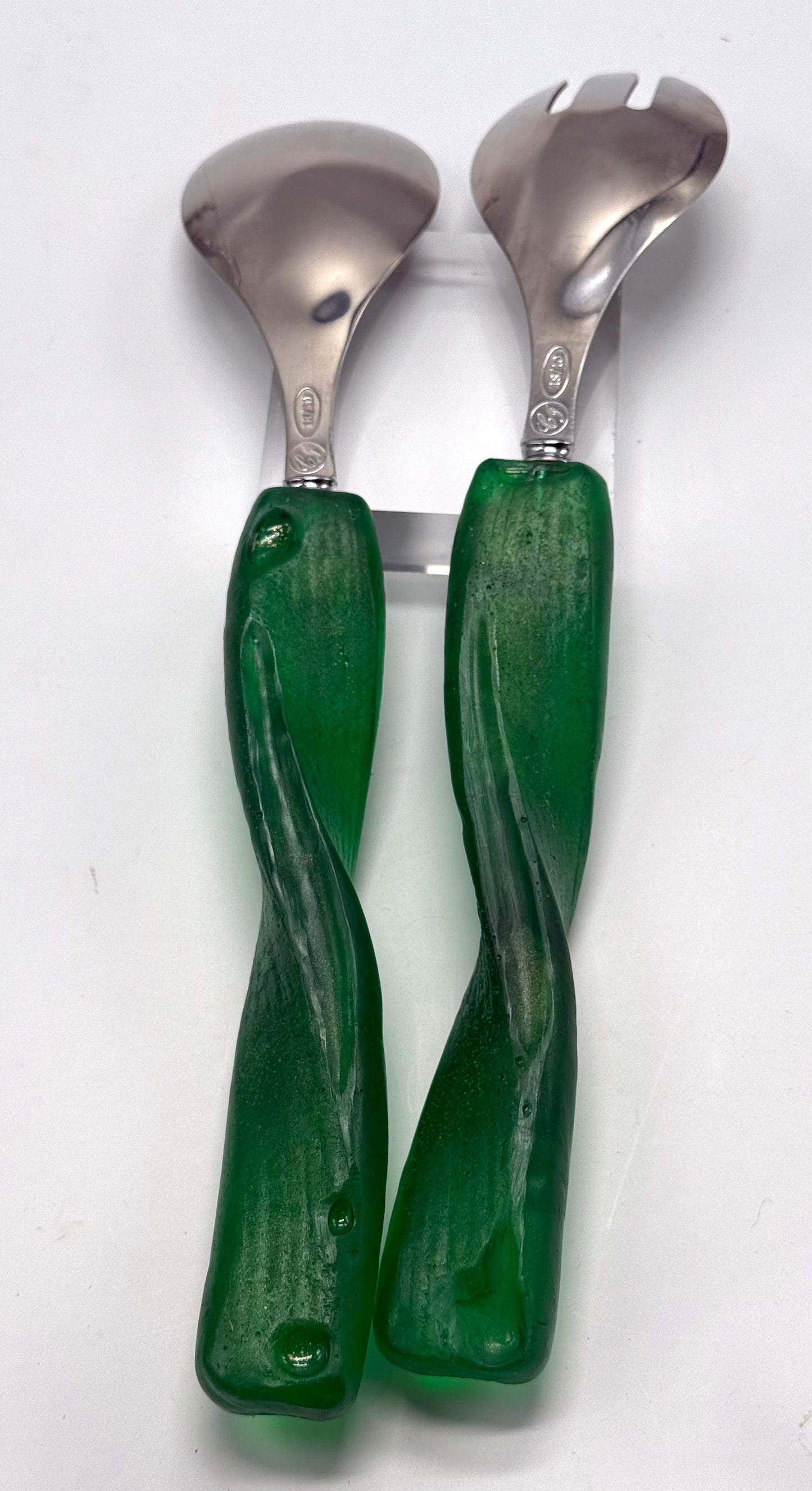 Salad Servers - Jade Green/gold resin & silver twist handle with Stainless steel spoon