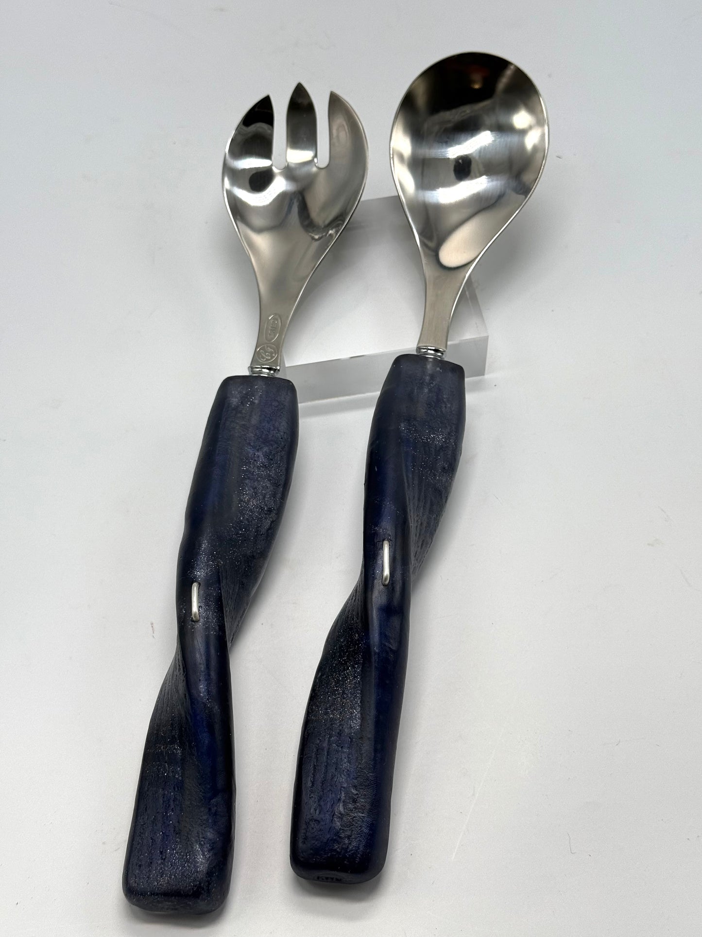 Salad Servers - Navy Blue/silver resin & silver twist handle with Stainless steel spoon