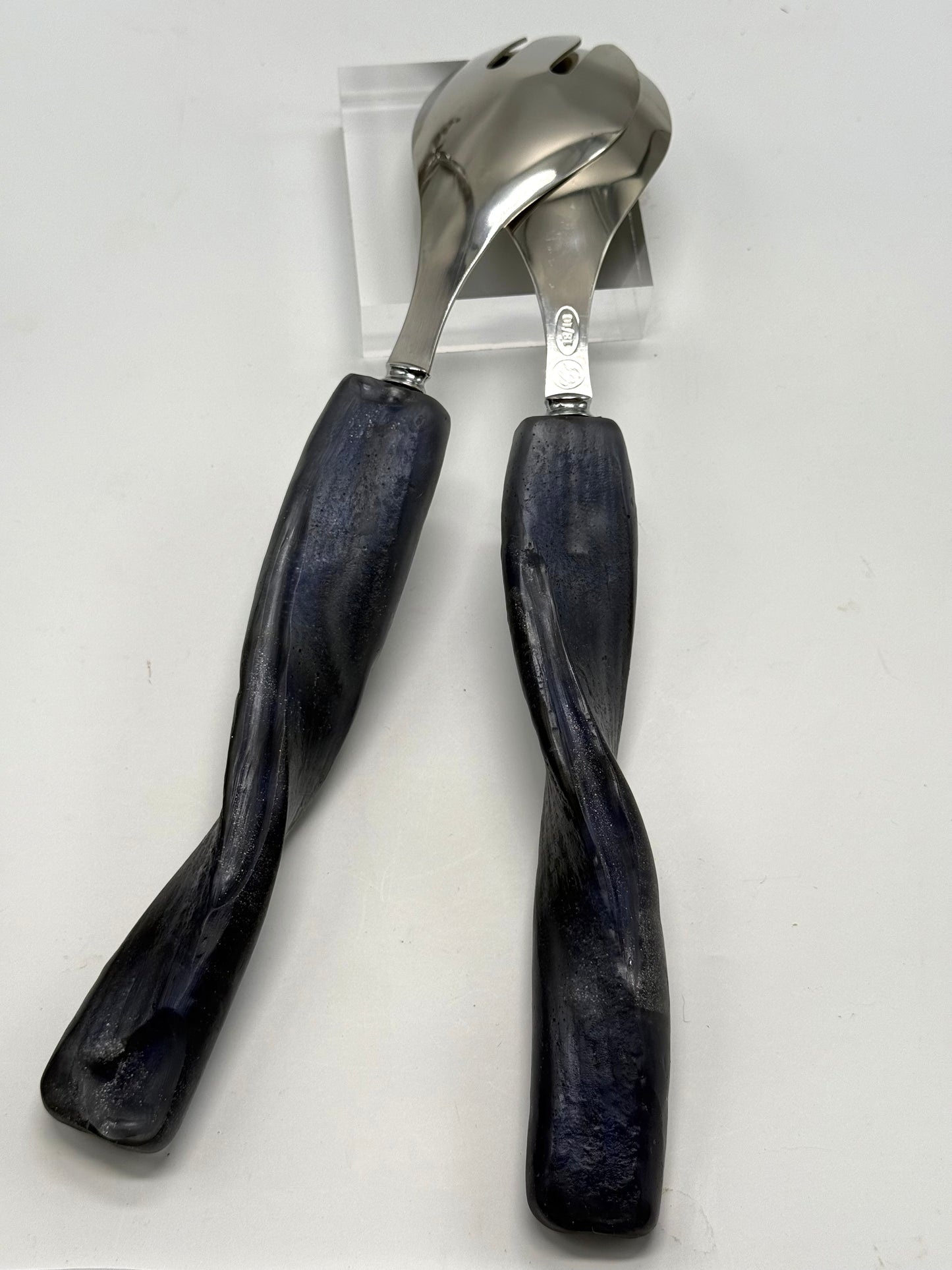 Salad Servers - Navy Blue/silver resin & silver twist handle with Stainless steel spoon