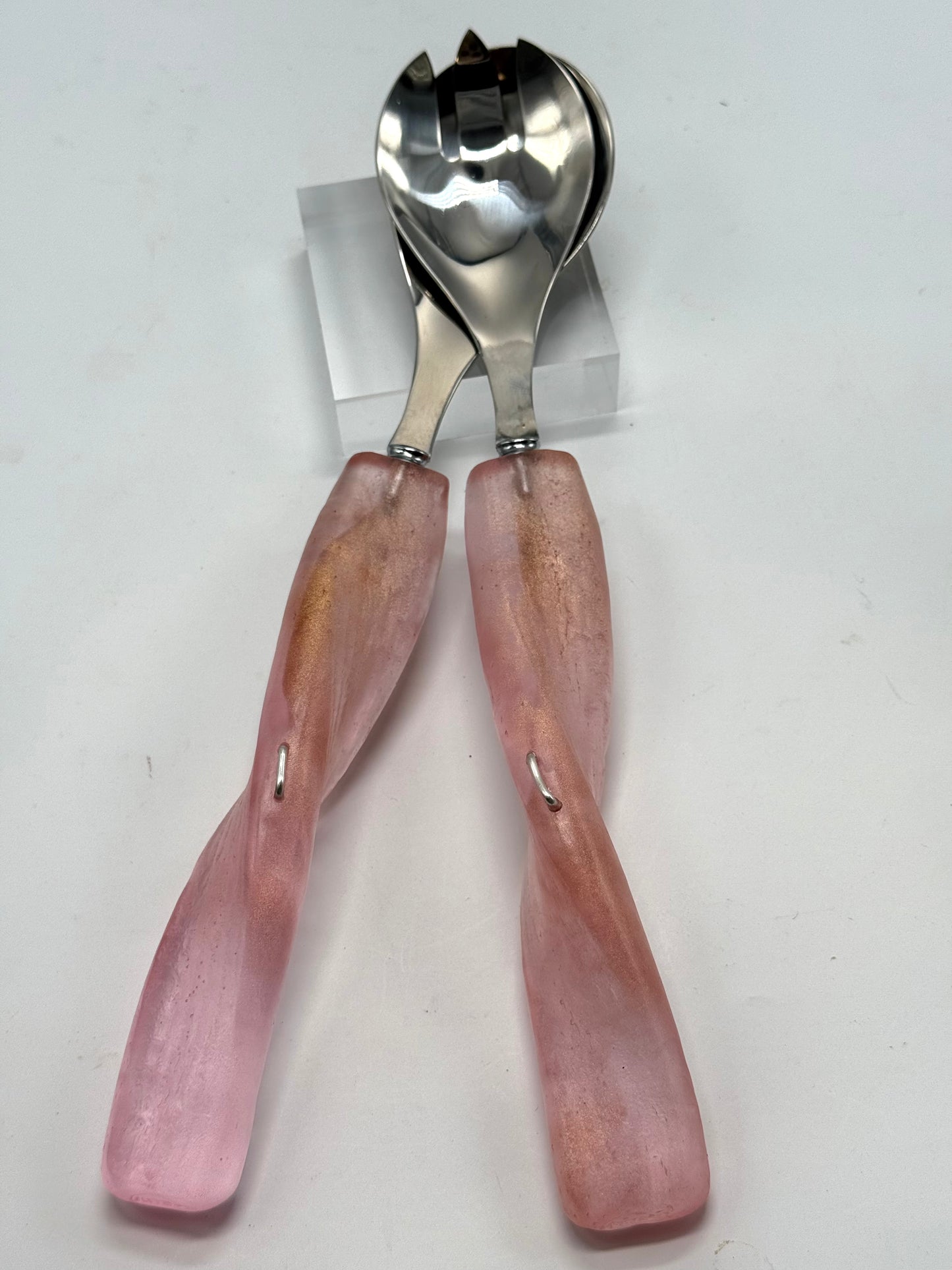 Salad Servers - Mushroom pink/gold resin & silver twist handle with Stainless steel spoon