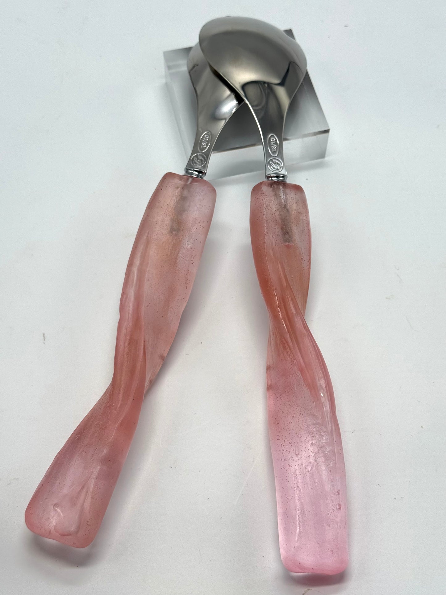 Salad Servers - Mushroom pink/gold resin & silver twist handle with Stainless steel spoon