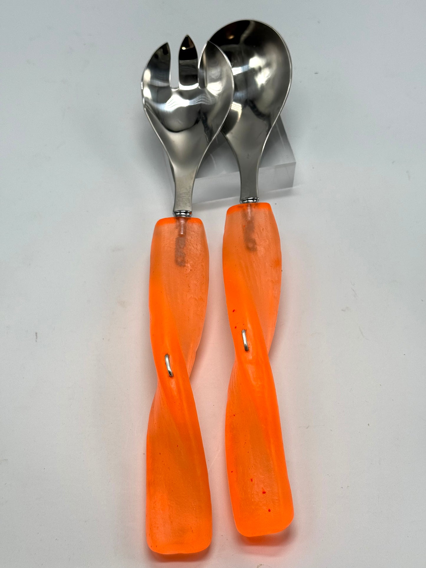 Salad Servers - Neon Orange resin & silver twist handle with Stainless steel spoon