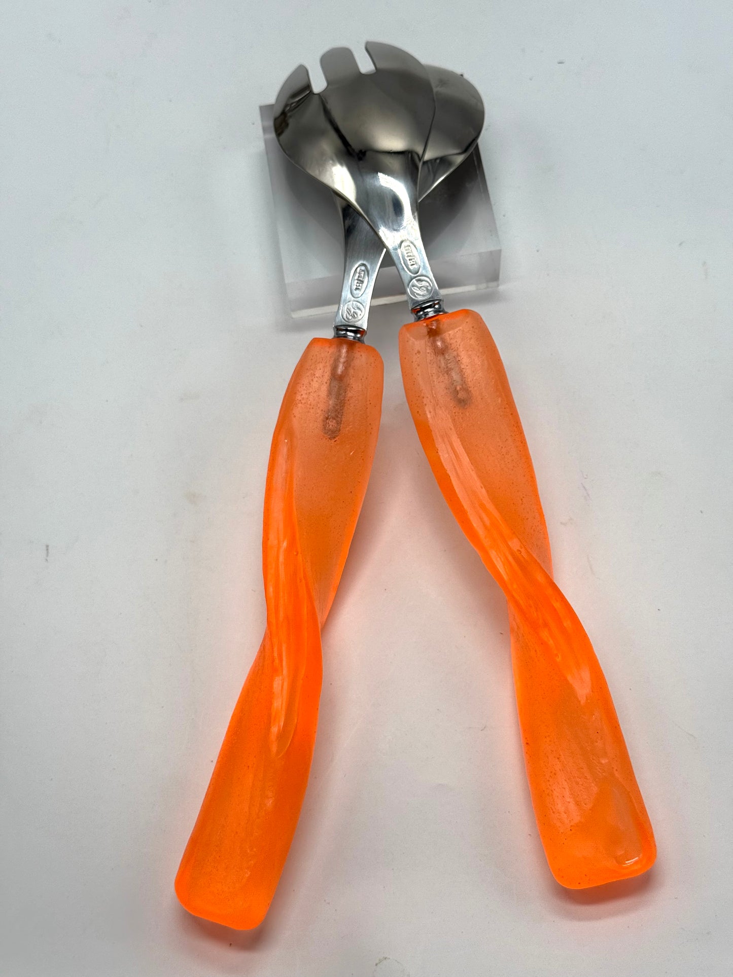 Salad Servers - Neon Orange resin & silver twist handle with Stainless steel spoon