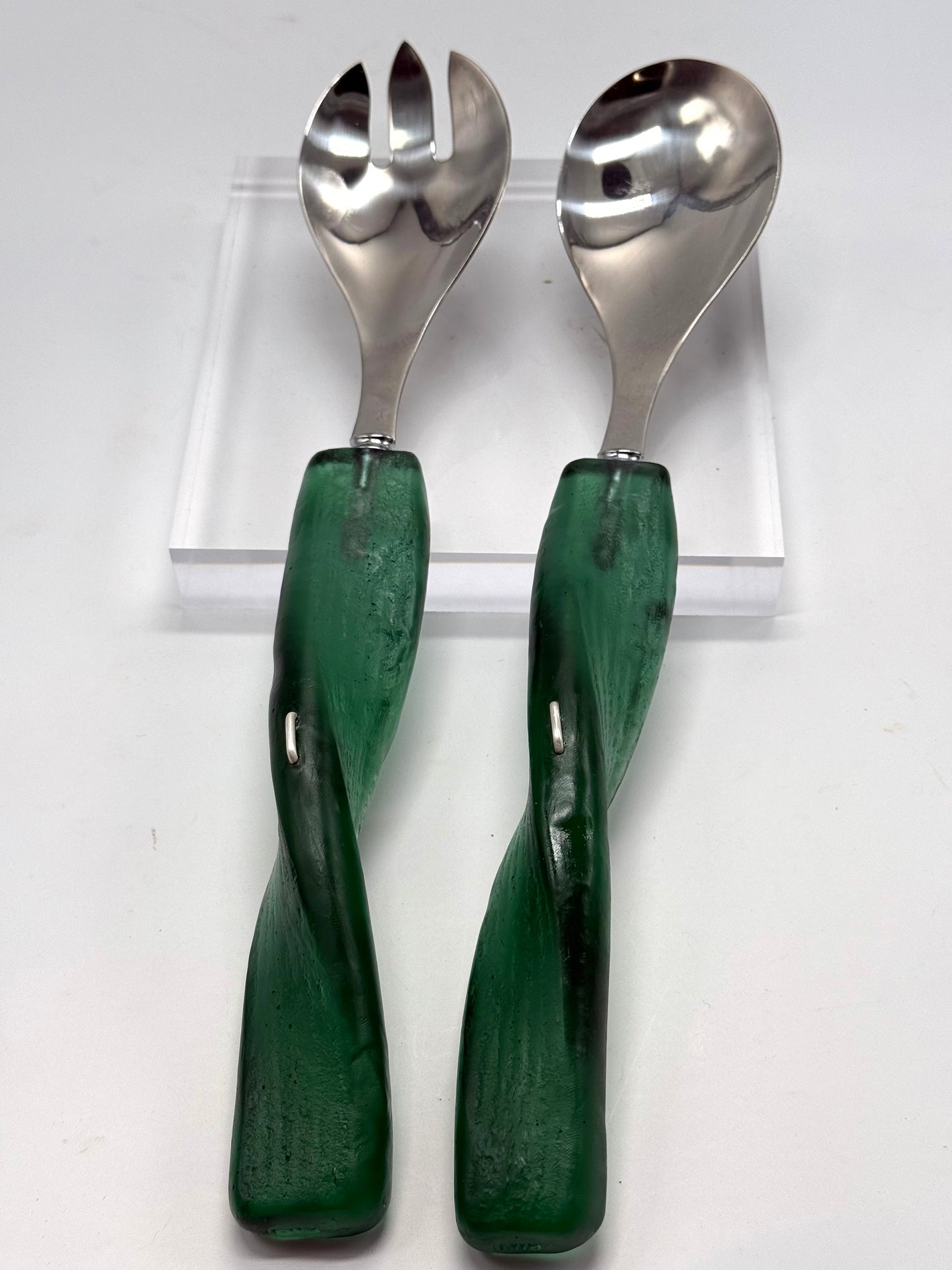 Salad Servers - Kale Green/gold resin & silver twist handle with Stainless steel spoon
