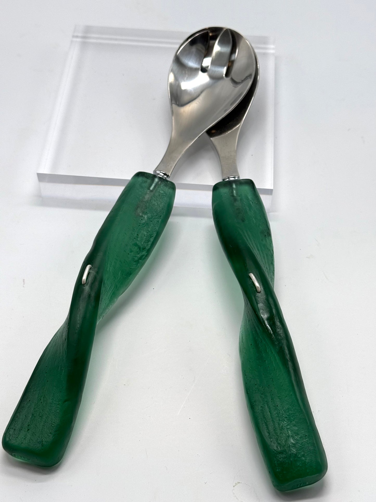Salad Servers - Kale Green/gold resin & silver twist handle with Stainless steel spoon