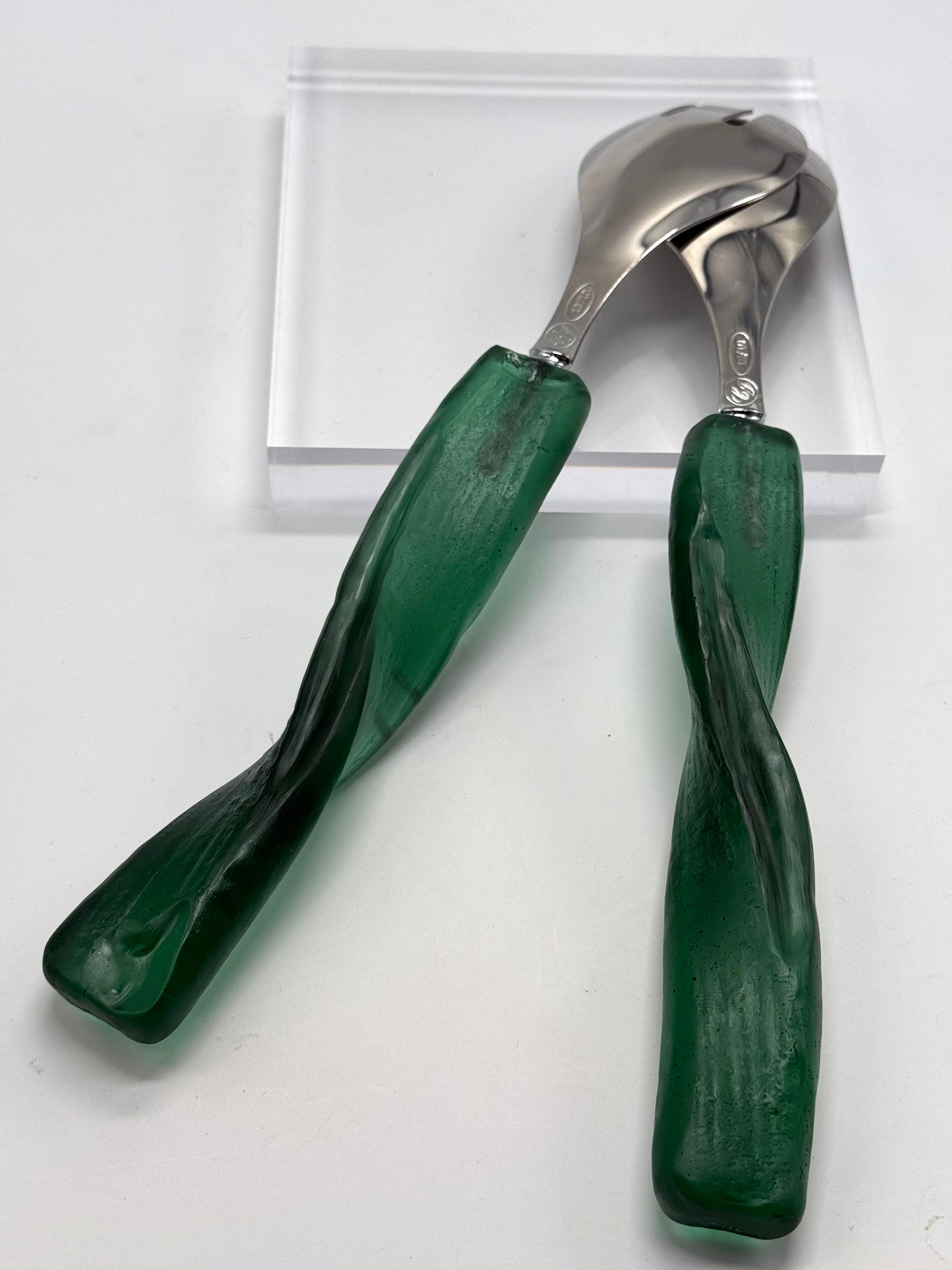 Salad Servers - Kale Green/gold resin & silver twist handle with Stainless steel spoon