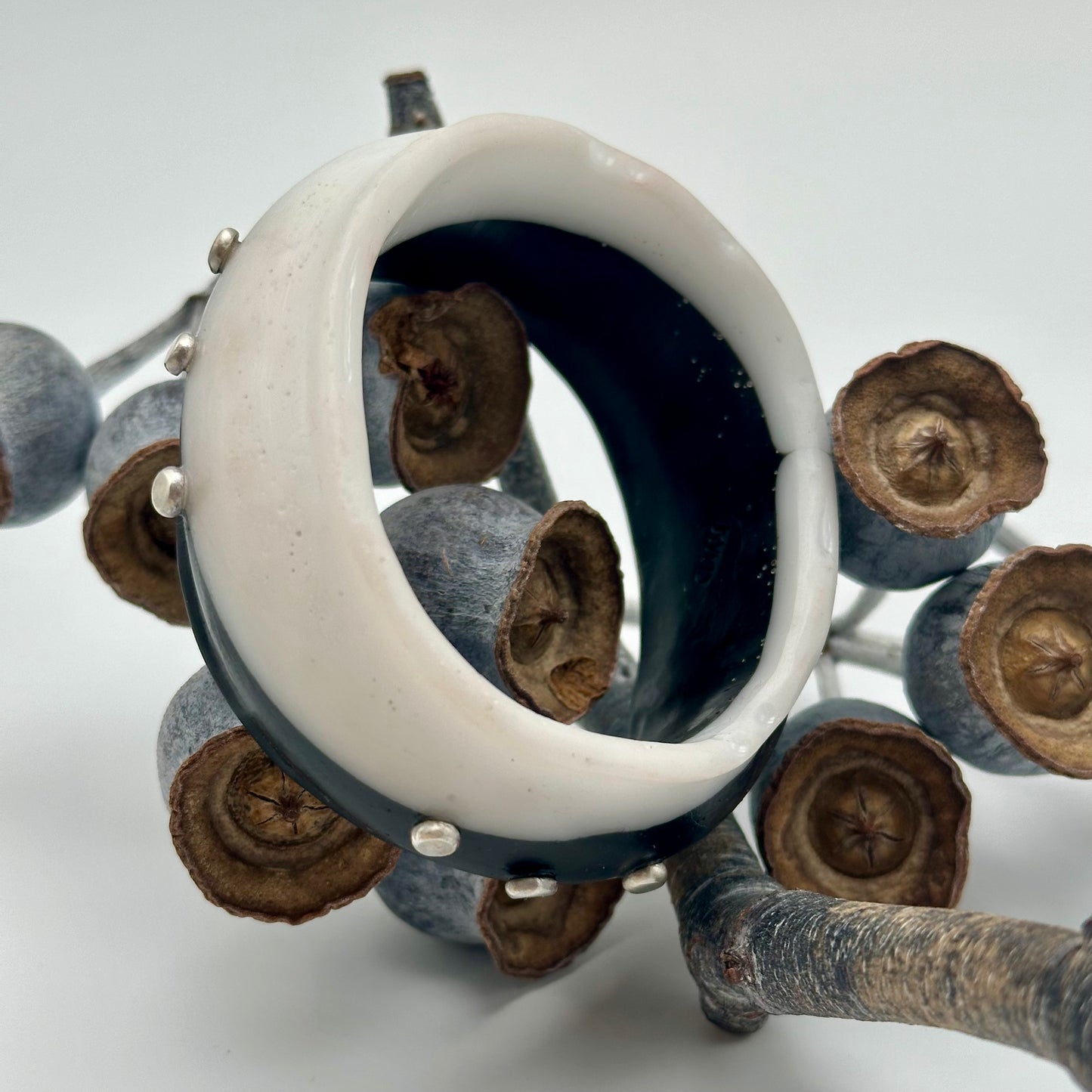 Black/White Resin & silver wide bangle - regular hand size