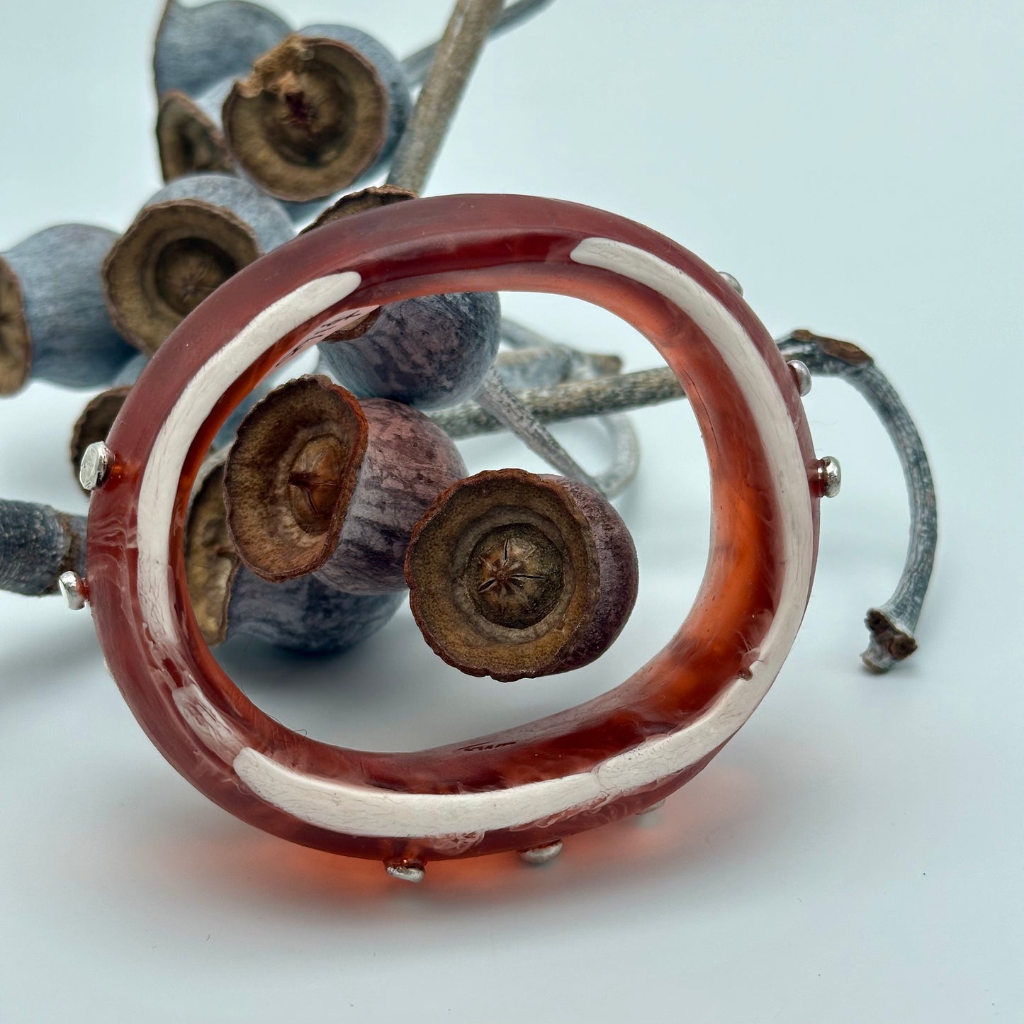 Brown/White Resin & silver wide bangle - regular hand size