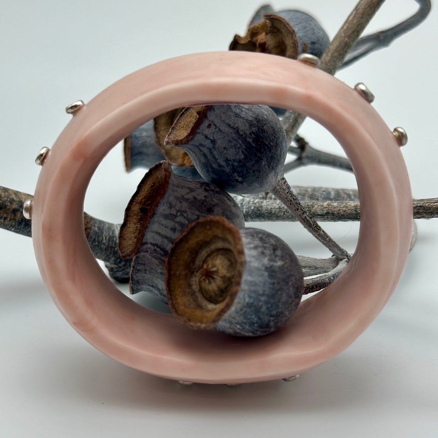 Peachy Pink Resin & silver wide bangle - regular hand size