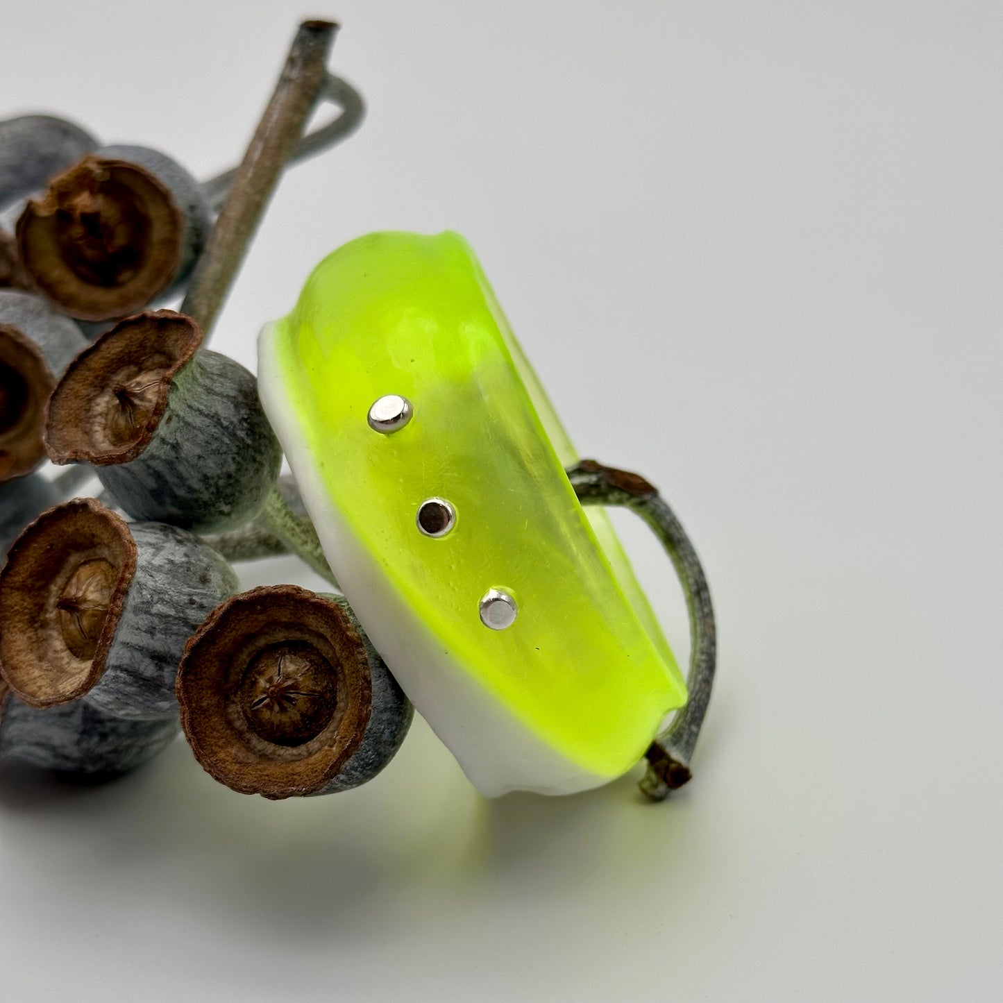 Two toned Neon Yellow/White Resin & silver wide bangle - regular hand size
