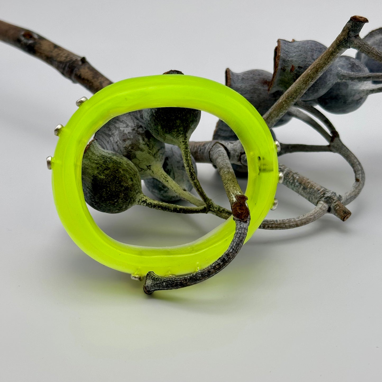 Two toned Neon Yellow/White Resin & silver wide bangle - regular hand size