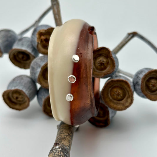 Two toned cream/tortoise shell resin & silver wide bangle - regular hand size