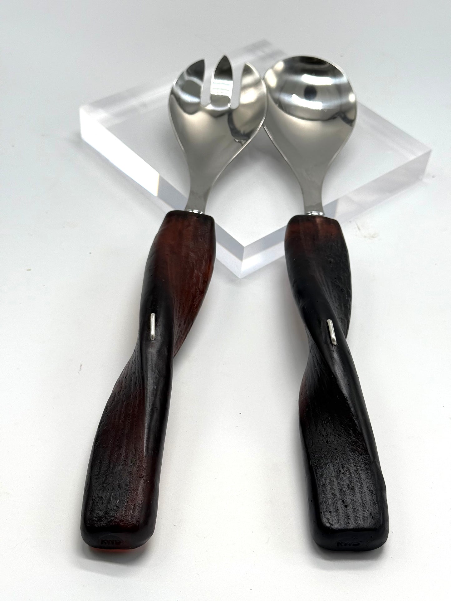 Salad Servers - Tortoise Shell resin & silver twist handle with Stainless steel spoon