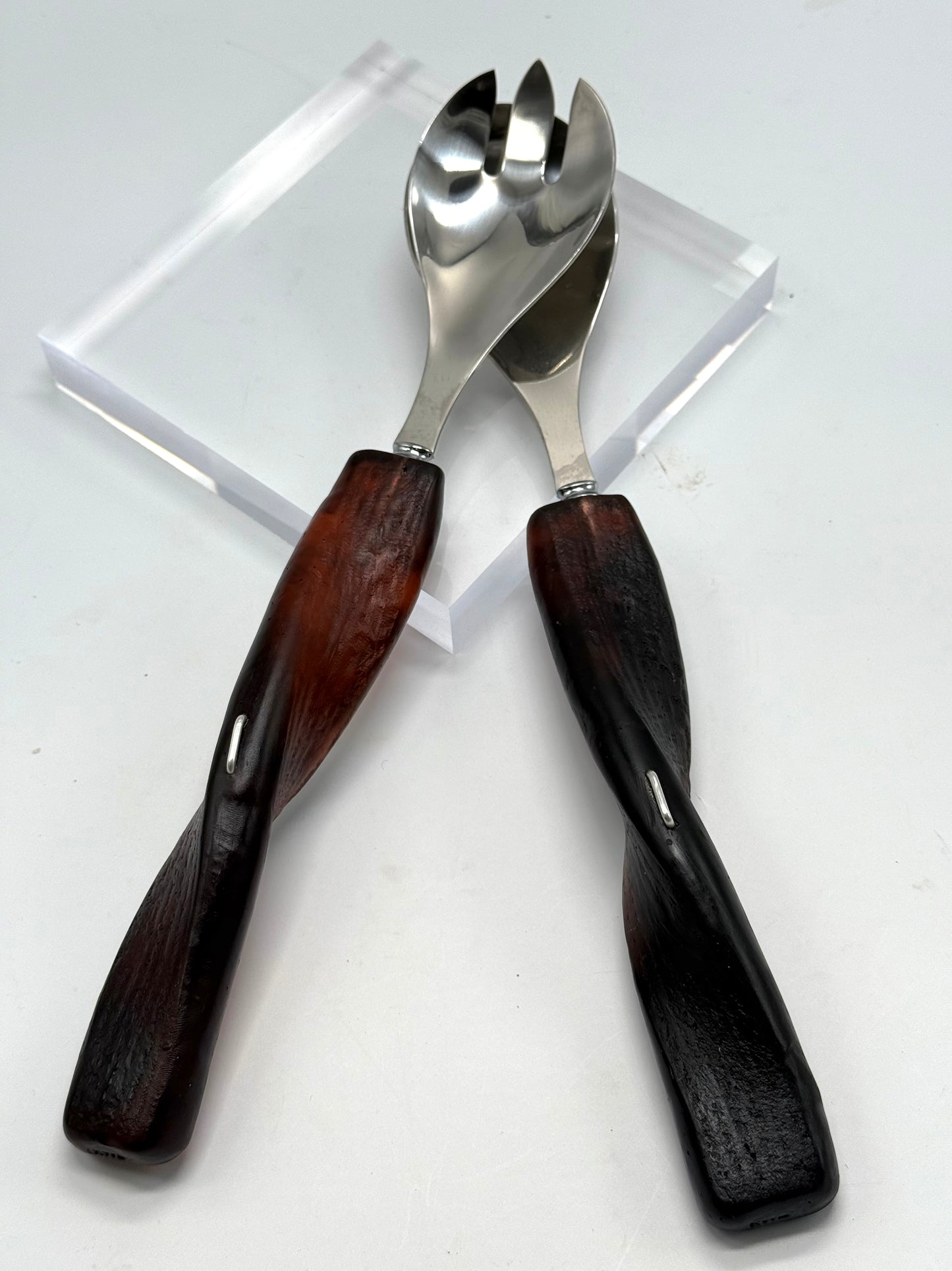 Salad Servers - Tortoise Shell resin & silver twist handle with Stainless steel spoon