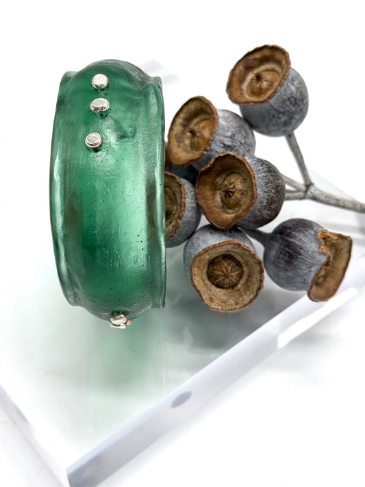 Translucent Kale Green Resin & silver wide bangle - regular hand size