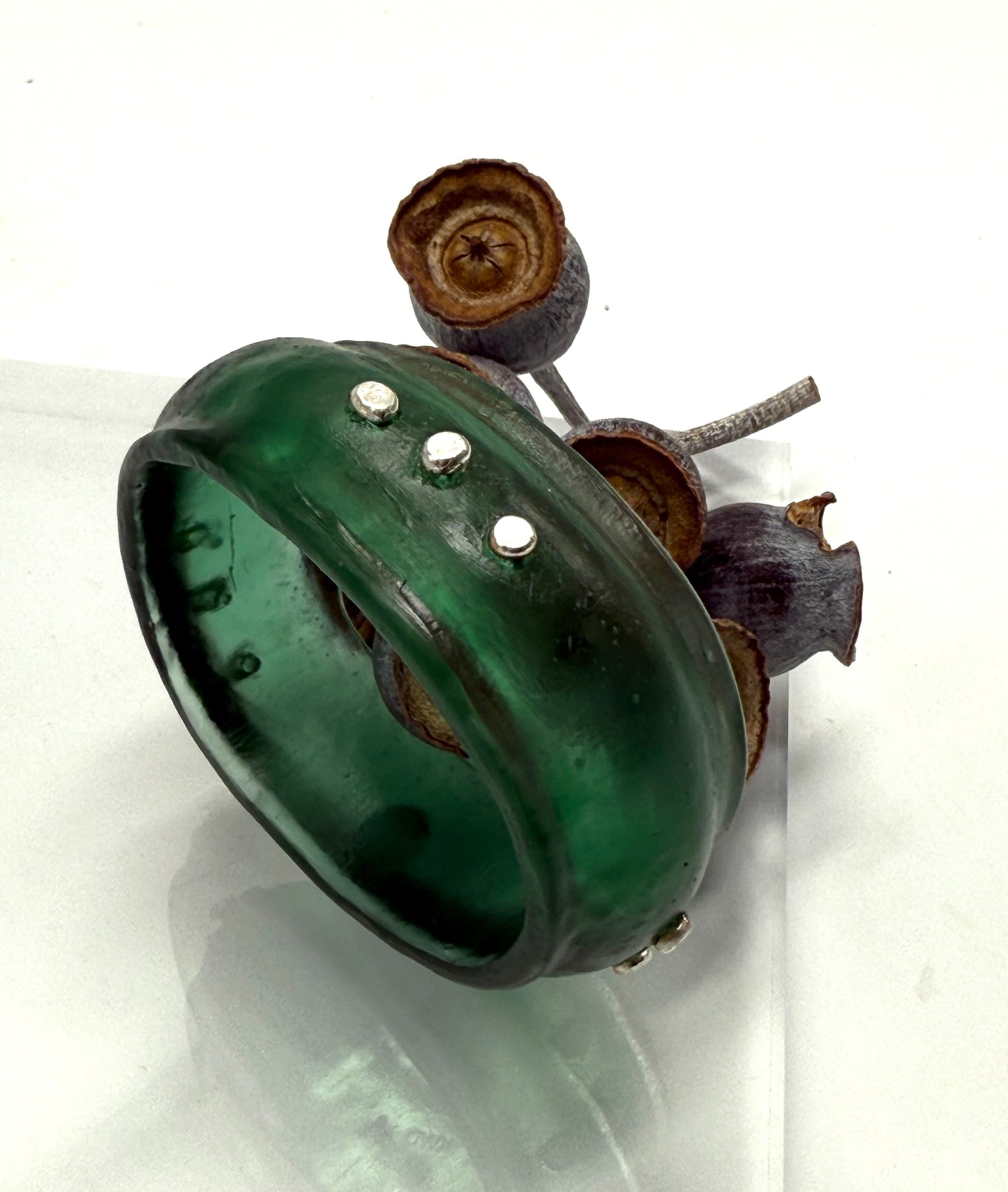 Translucent Kale Green Resin & silver wide bangle - regular hand size