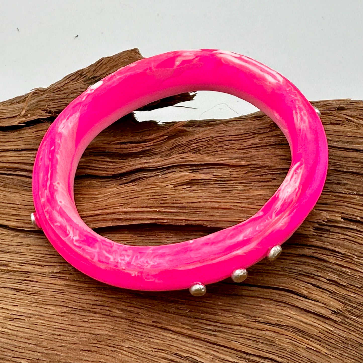 Neon Pink/White KWD Rim resin bangle with Sterling silver