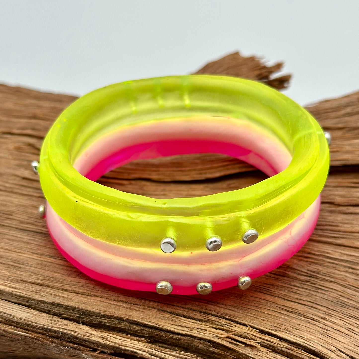 Neon Pink/White KWD Rim resin bangle with Sterling silver