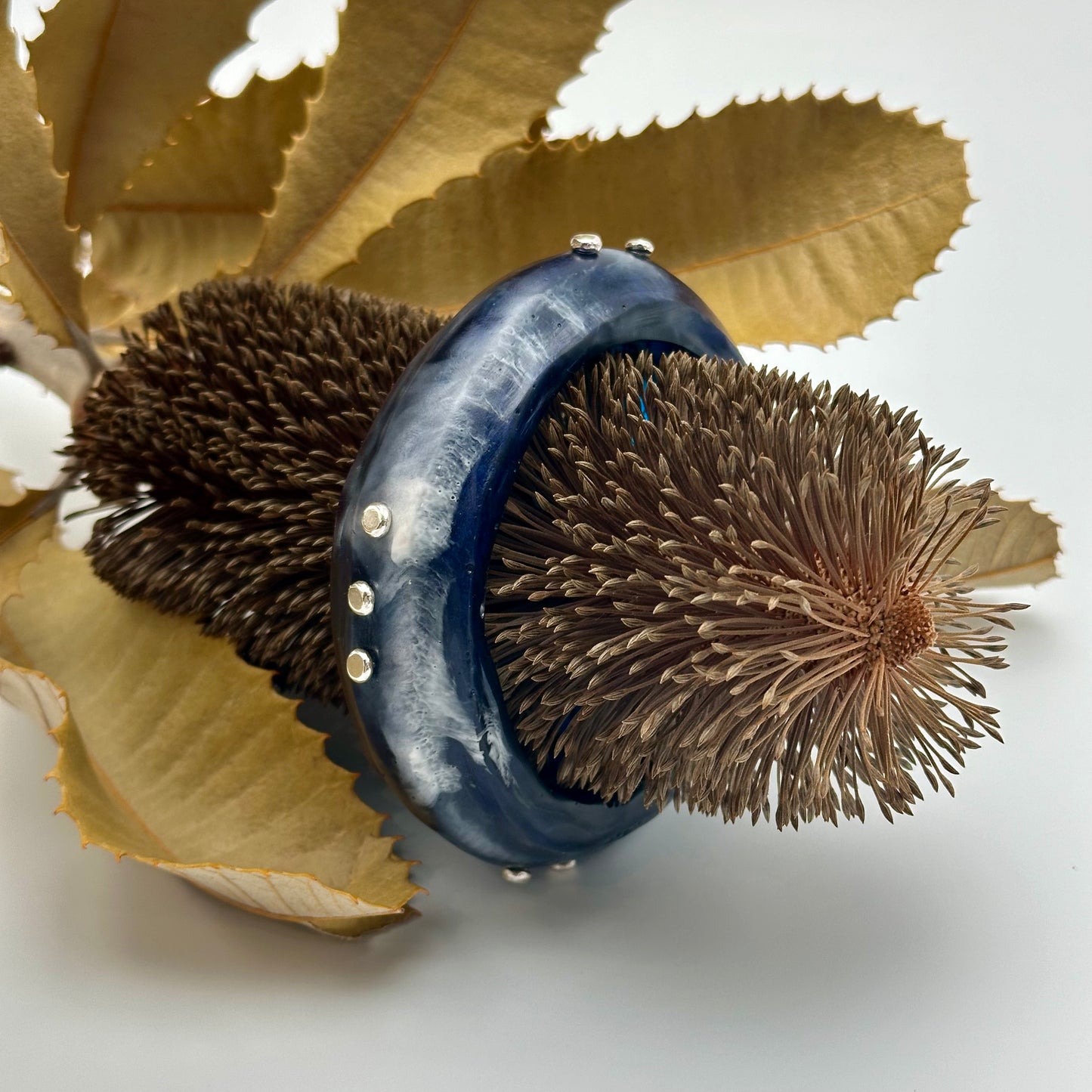 Multi coloured Navy/Blue/White resin Bangle with sterling silver - XL