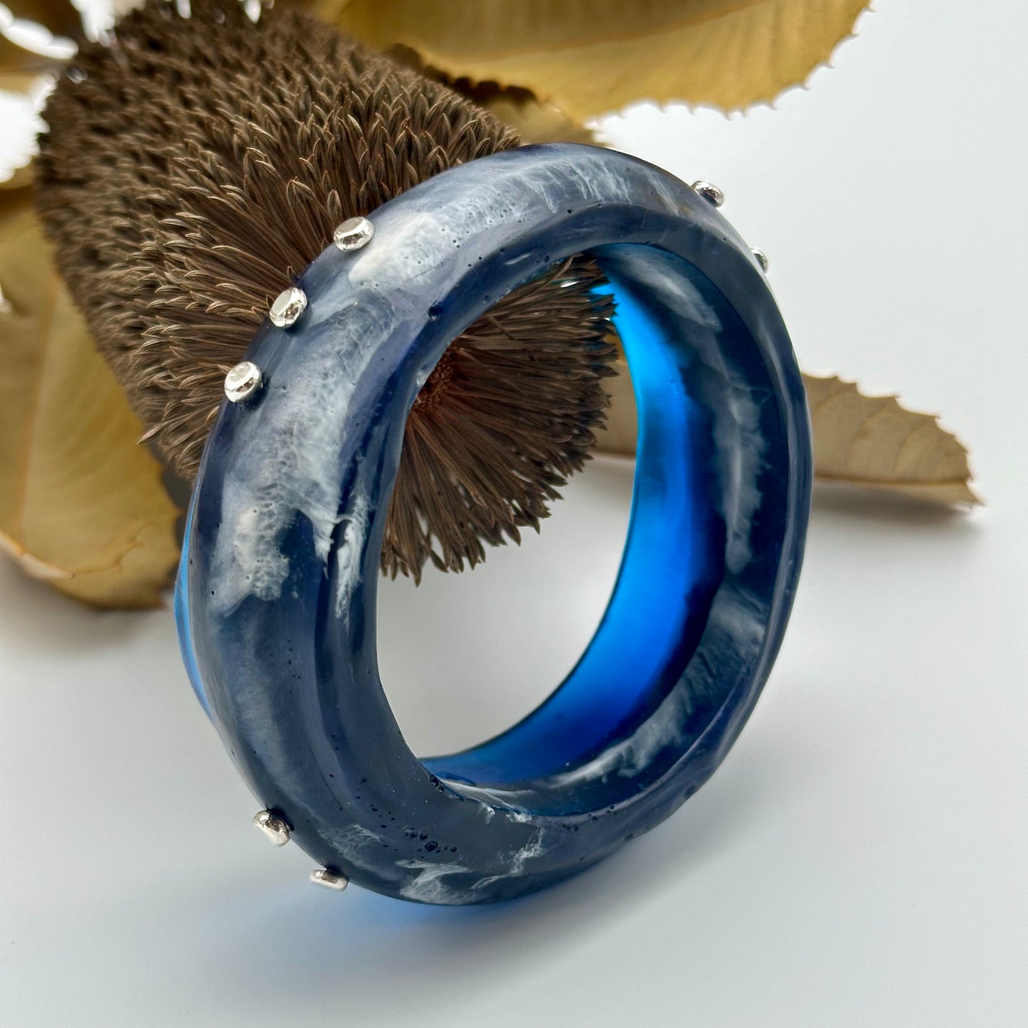 Multi coloured Navy/Blue/White resin Bangle with sterling silver - XL