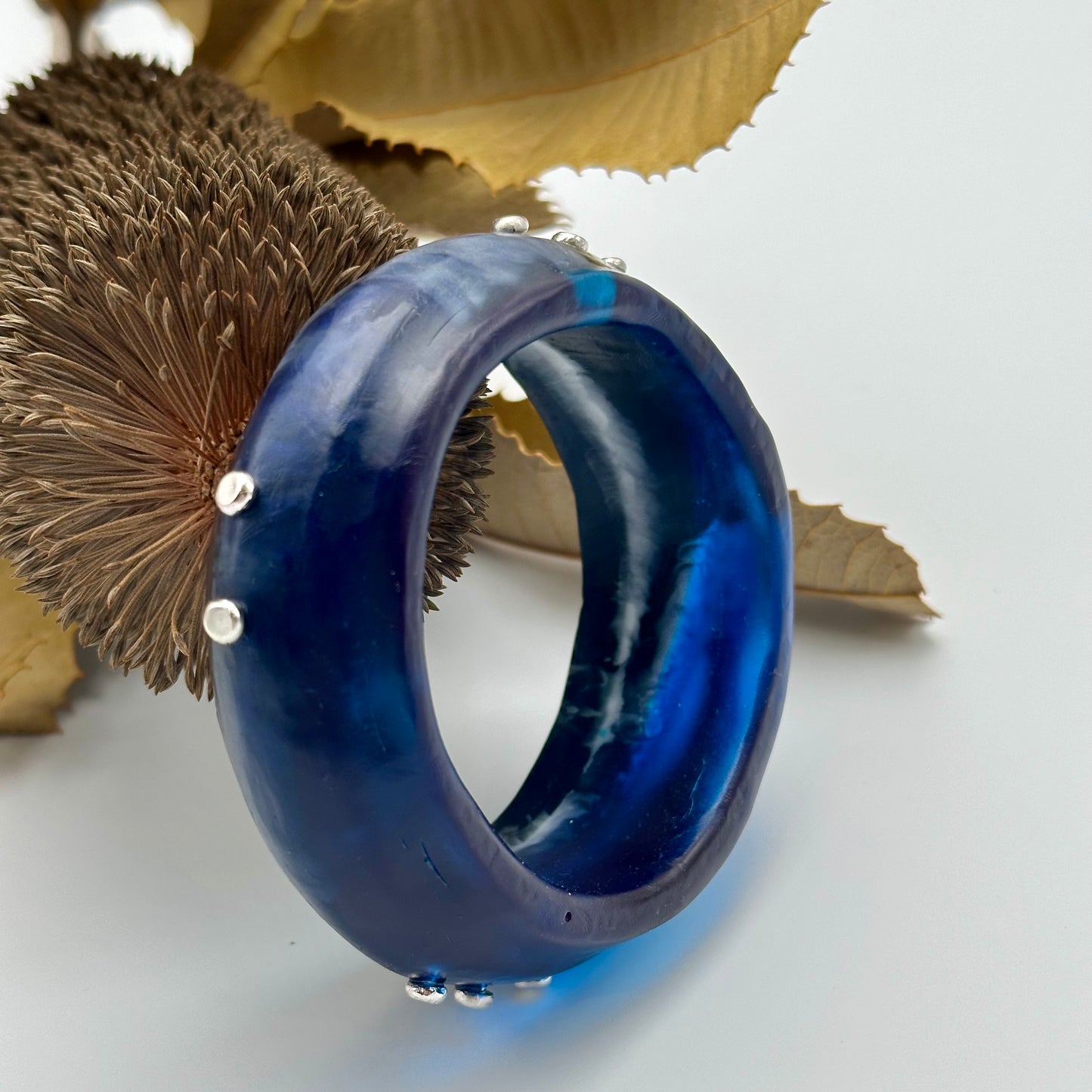 Multi coloured Navy/Blue/White resin Bangle with sterling silver - XL