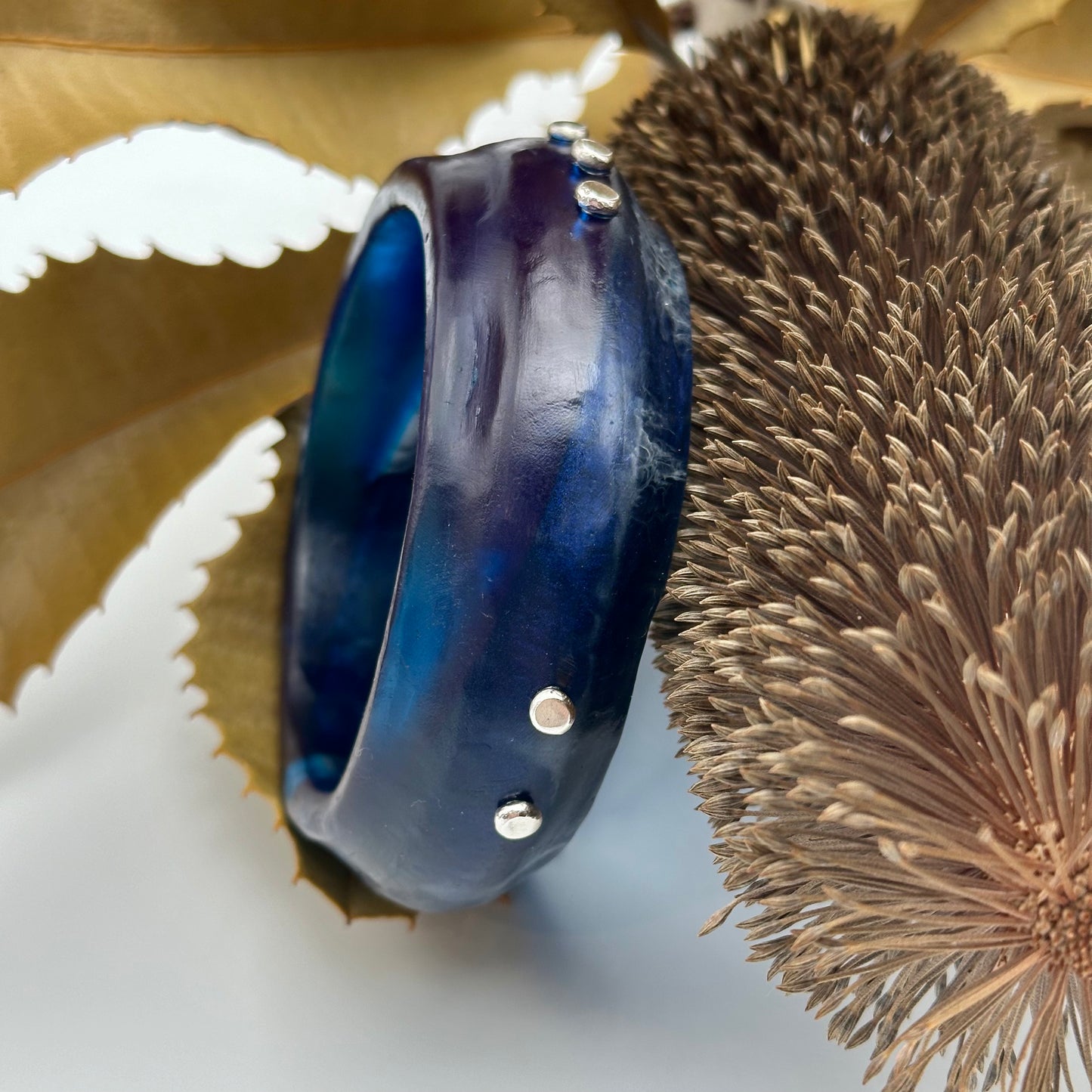 Multi coloured Navy/Blue/White resin Bangle with sterling silver - XL