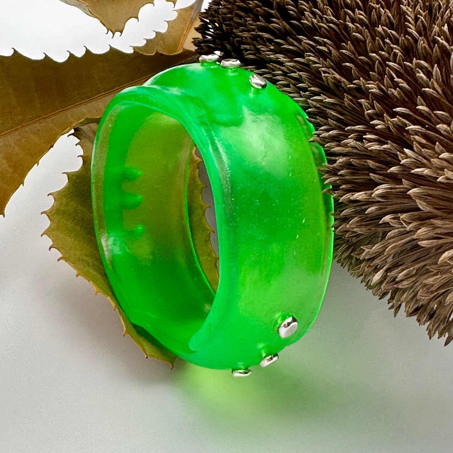 Neon Green Resin & silver wide bangle - regular hand size