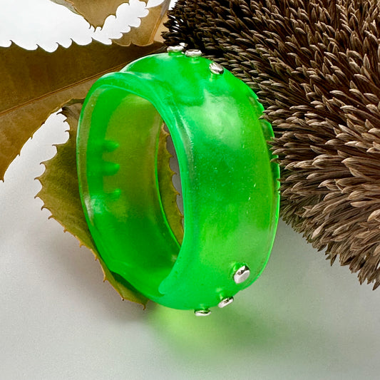 Neon Green Resin & silver wide bangle - regular hand size