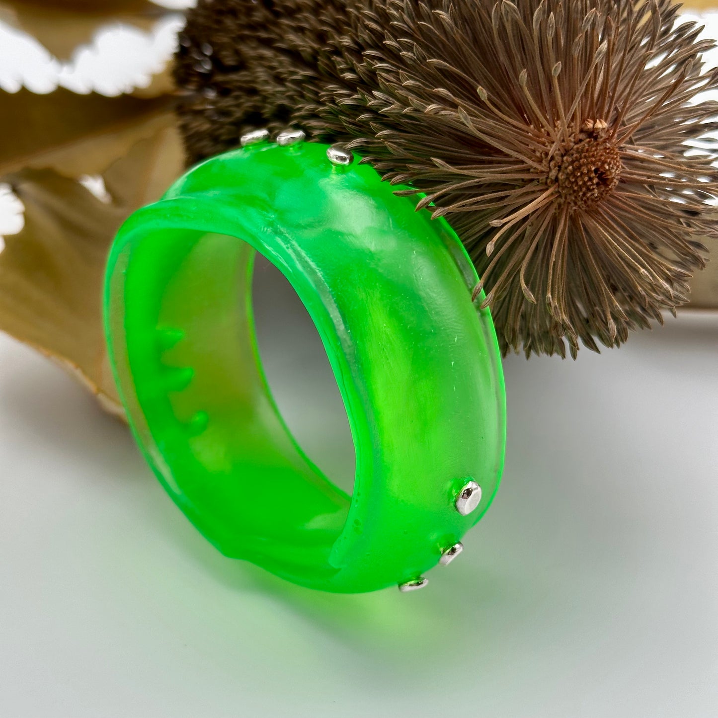 Neon Green Resin & silver wide bangle - regular hand size