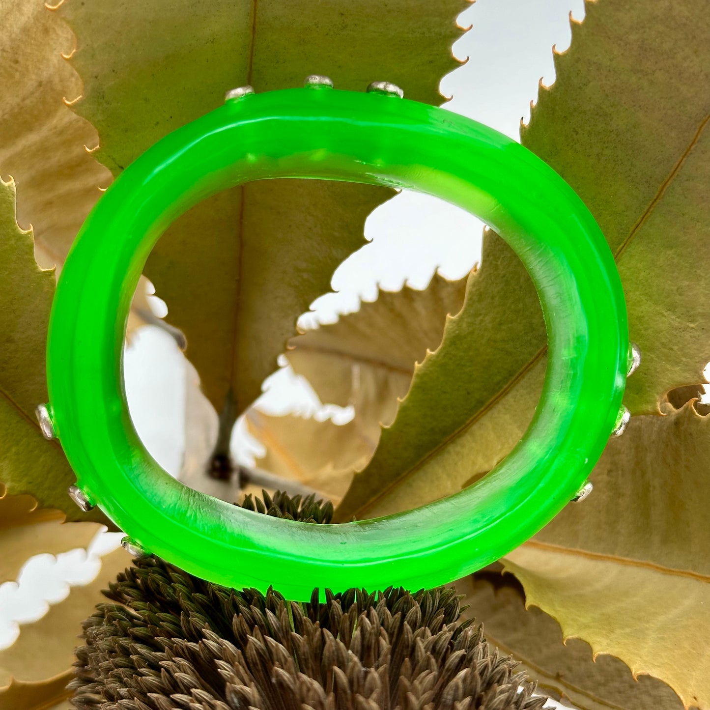 Neon Green Resin & silver wide bangle - regular hand size