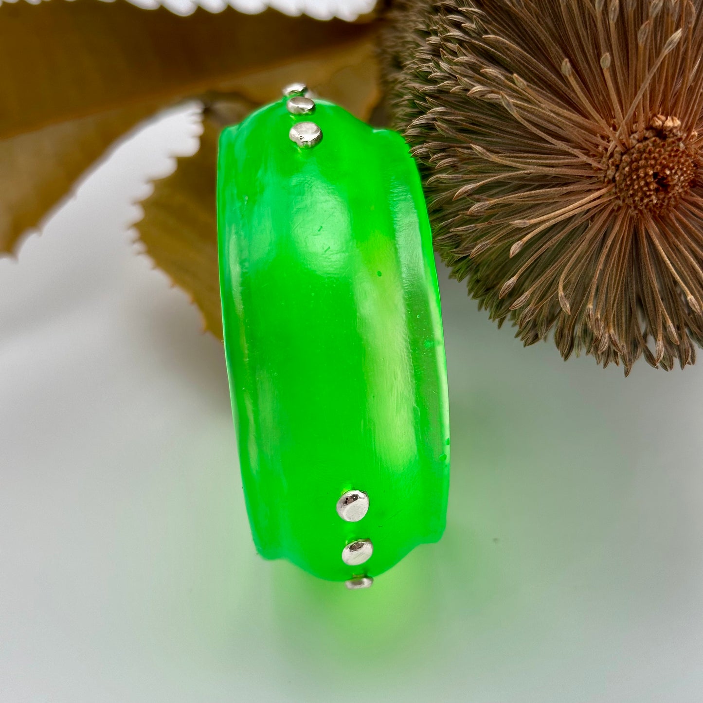 Neon Green Resin & silver wide bangle - regular hand size