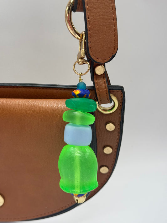 Key Chain - Green & blue resin beads with glass bead and gold finishes