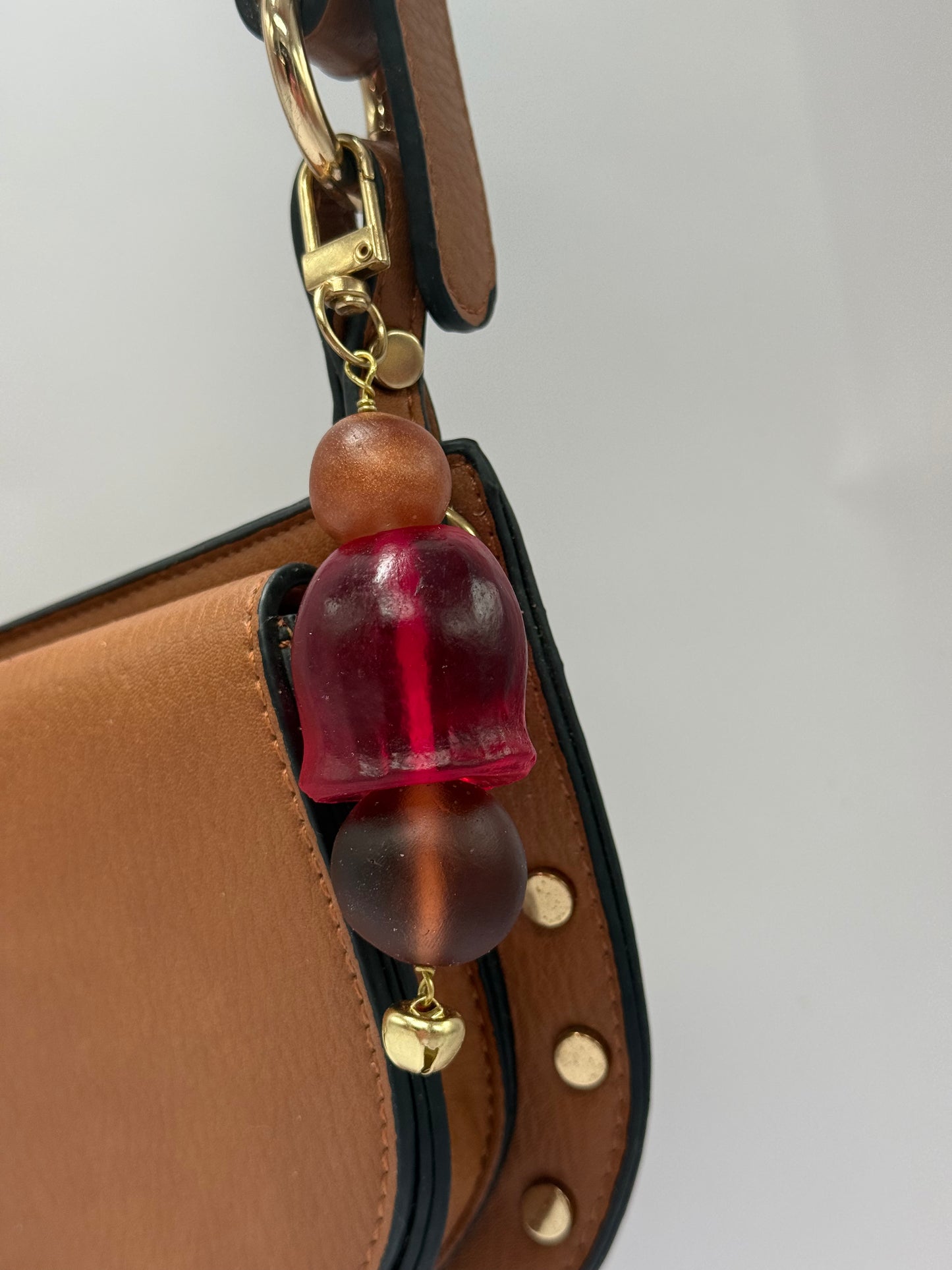 Key Chain - Strawberry red Gumnut & brown resin beads and gold finishes