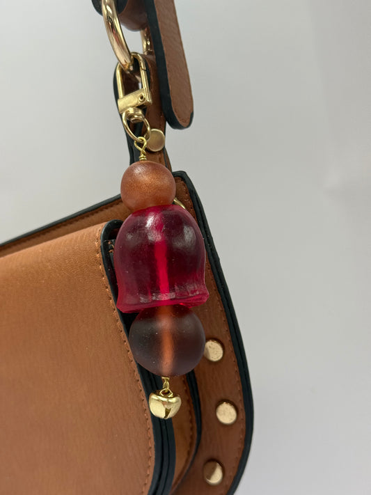 Key Chain - Strawberry red Gumnut & brown resin beads and gold finishes