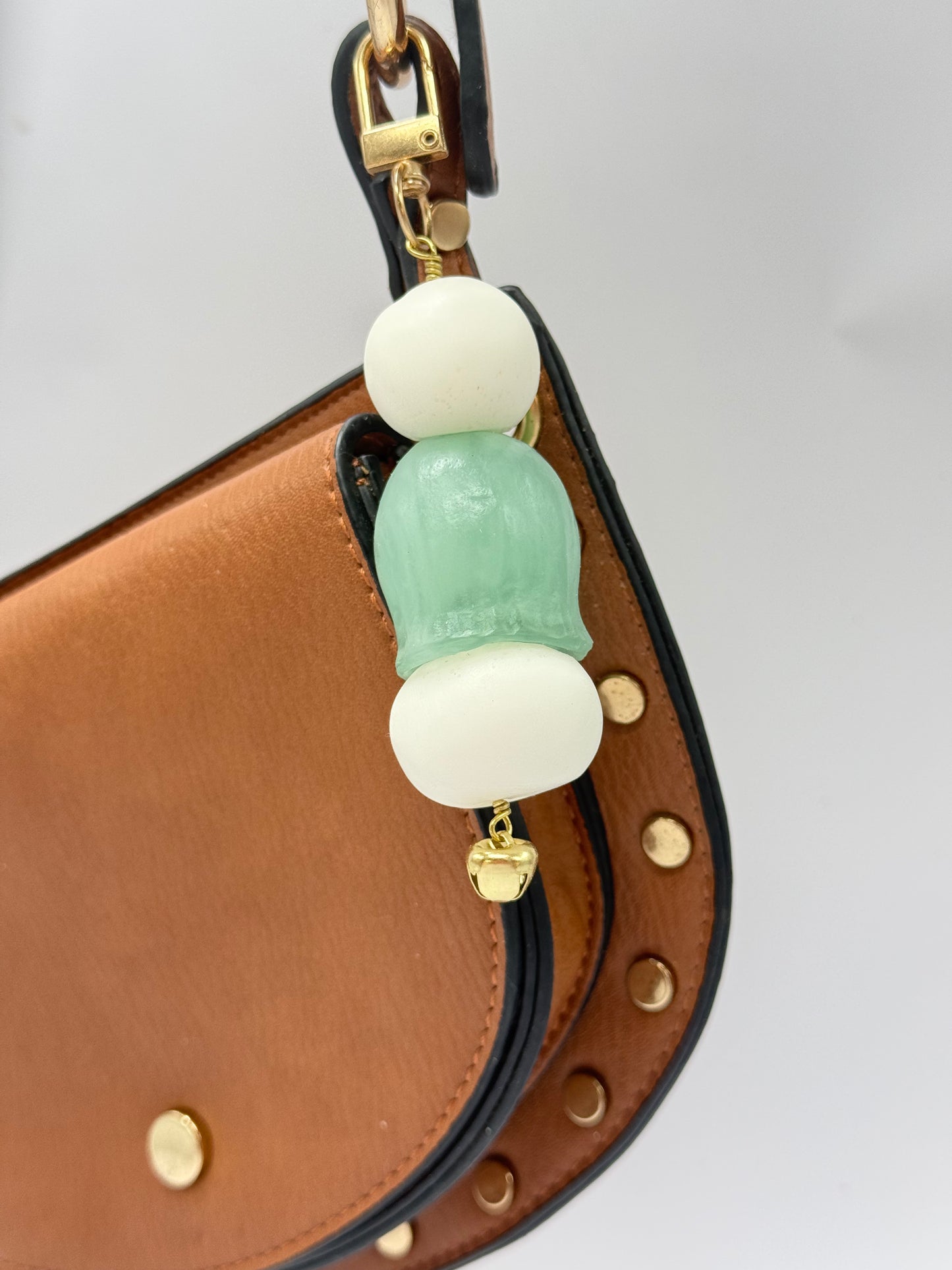 Key Chain - Pale green Gumnut & white resin and coloured resin beads with gold finishes