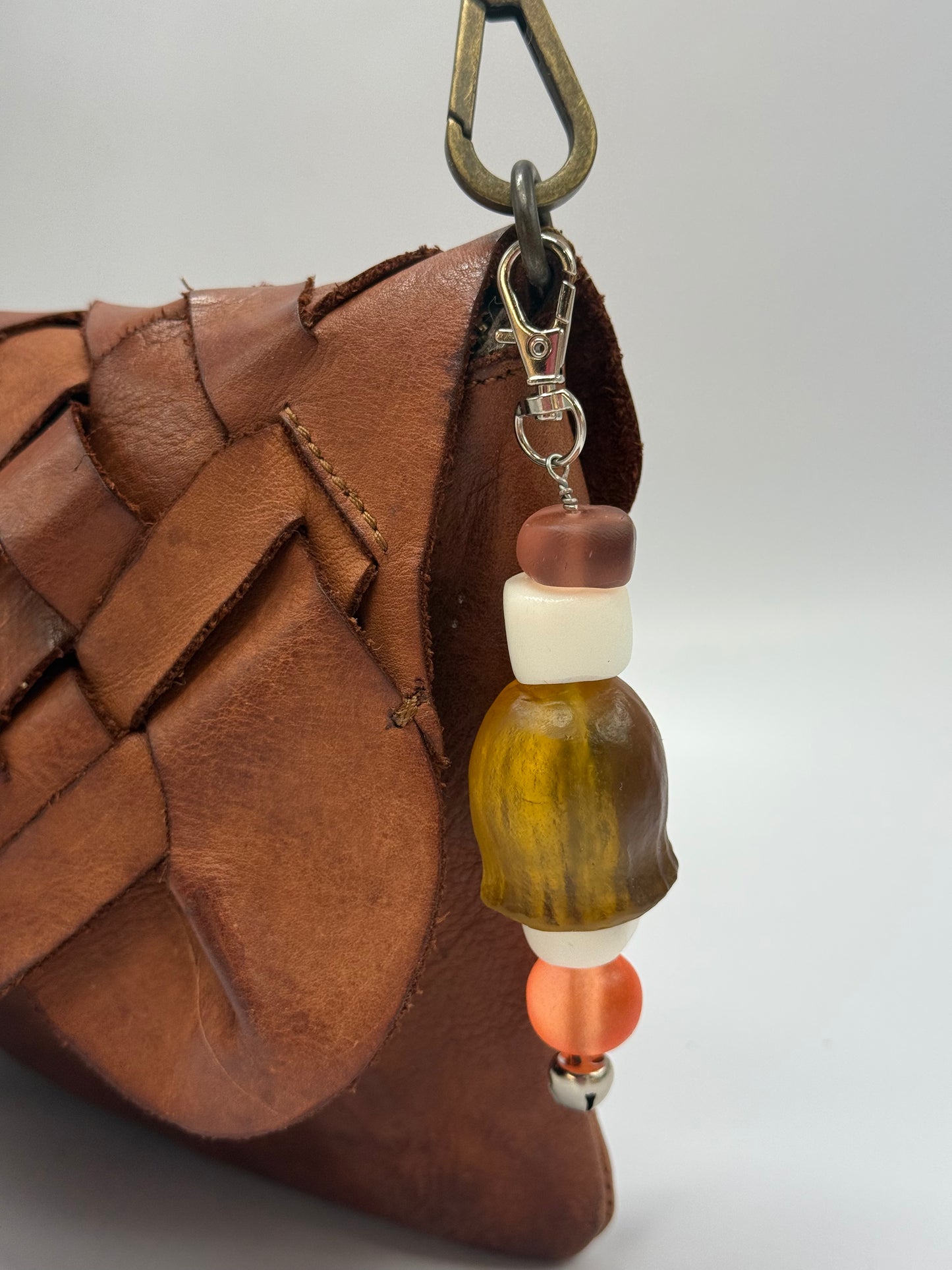 Key Chain - Brown Gumnut & white, orange resin and coloured resin beads with silver finishes