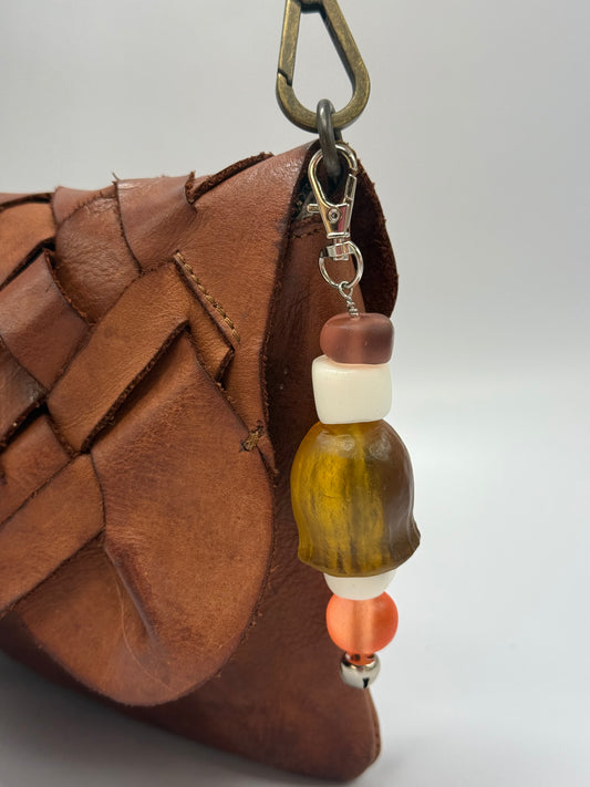 Key Chain - Brown Gumnut & white, orange resin and coloured resin beads with silver finishes