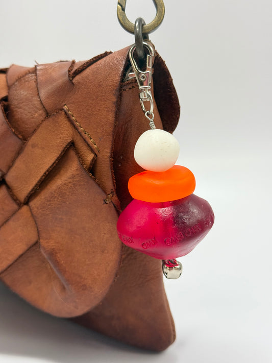Key Chain - KWD stamped Strawberry red bead, orange /white resin coloured resin beads with silver finishes