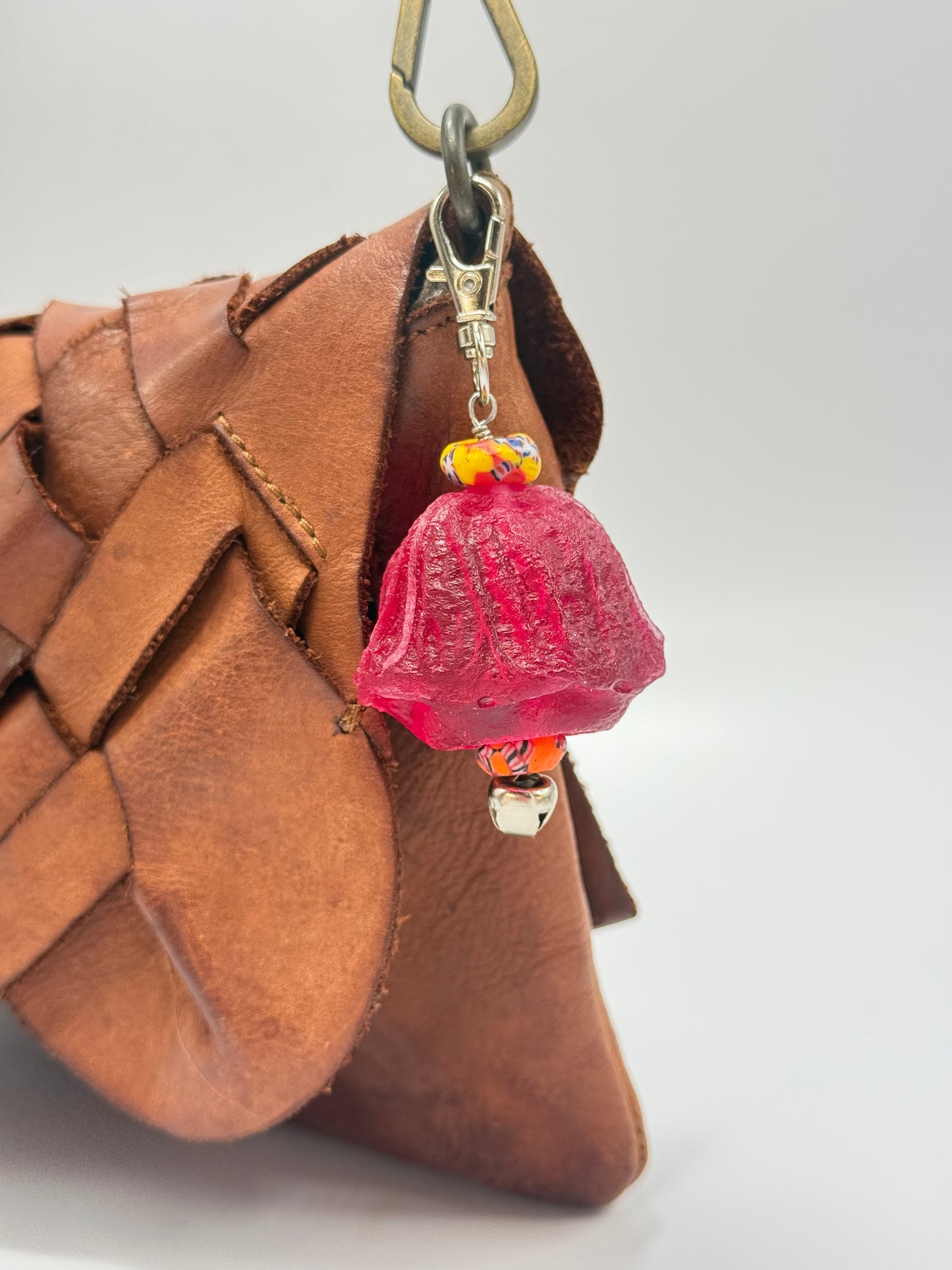Key Chain - Strawberry Red Organic shaped resin & glass bead with silver finishes