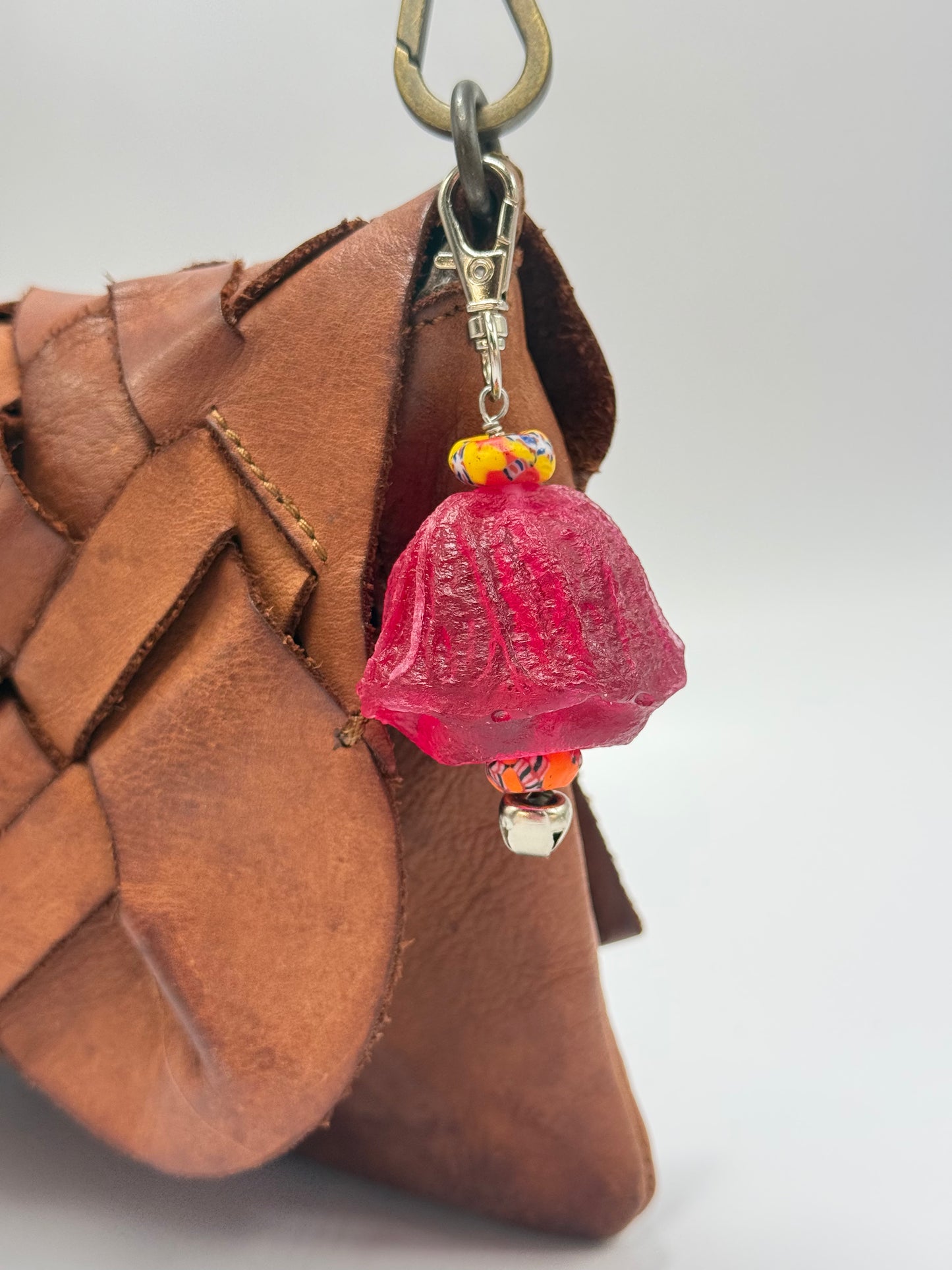 Key Chain - Strawberry Red Organic shaped resin & glass bead with silver finishes