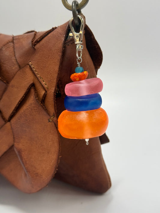Key Chain - Large Orange KWD stamped resin bead & multi coloured beads with silver finishes