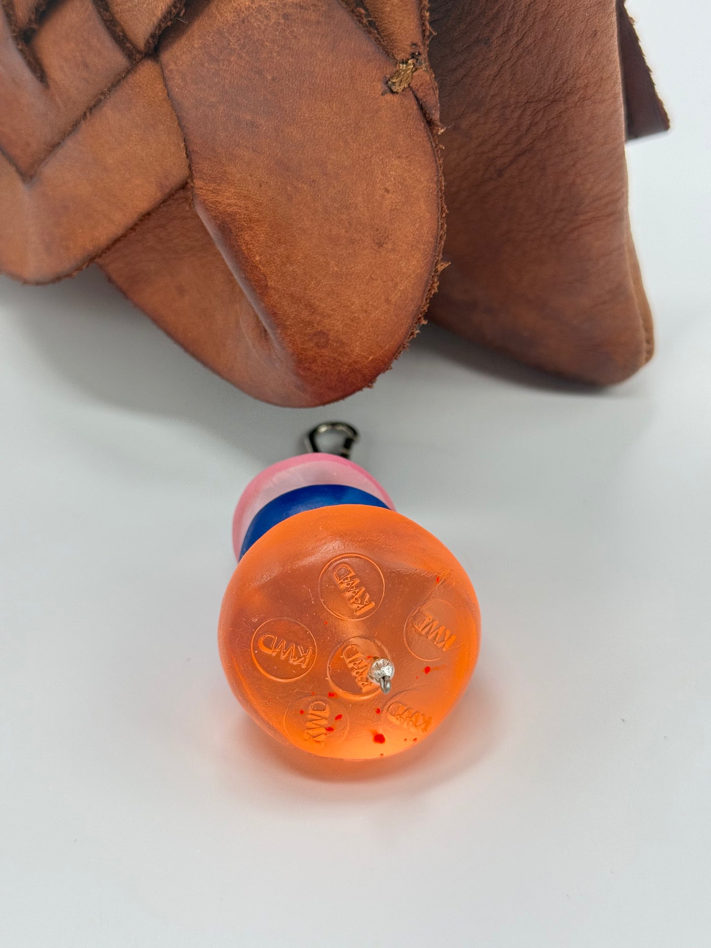 Key Chain - Large Orange KWD stamped resin bead & multi coloured beads with silver finishes