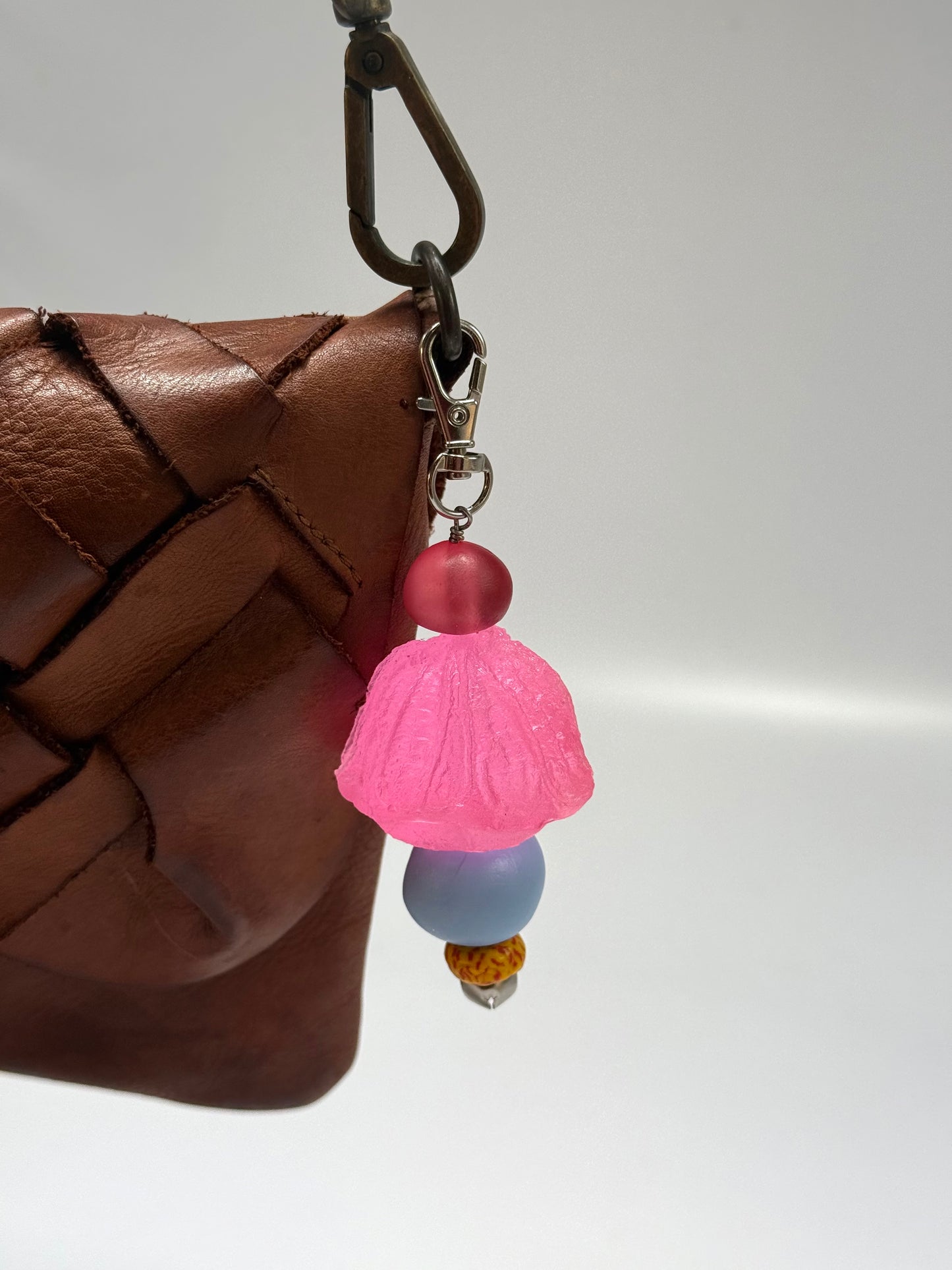 Key Chain - Large Neon Pink Organic shaped resin bead & multi coloured beads with silver finishes