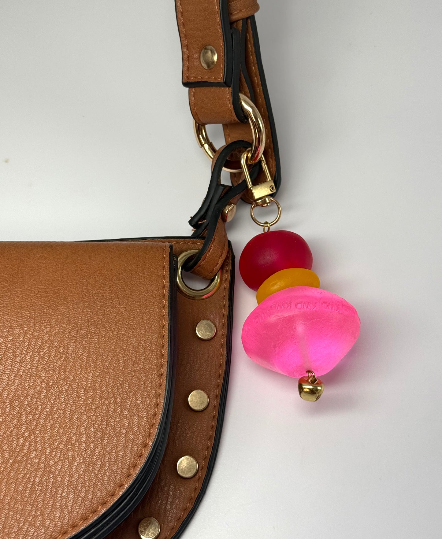 Key Chain - Large Neon Pink resin bead with KWD stamp & multi coloured beads with gold finishes