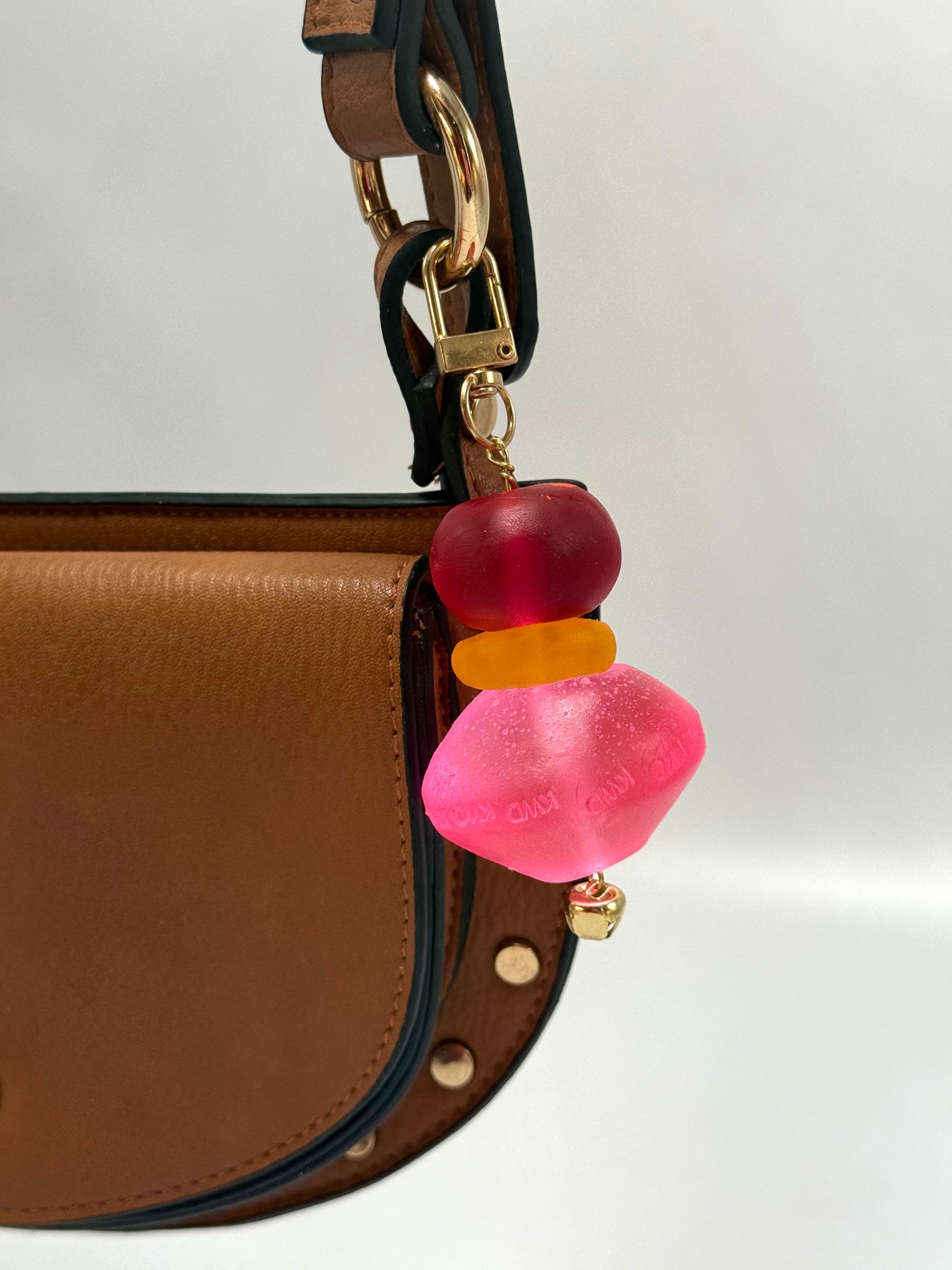 Key Chain - Large Neon Pink resin bead with KWD stamp & multi coloured beads with gold finishes