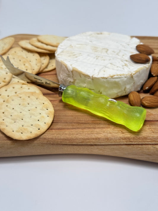 Cheese knife - Neon Yellow resin - irregular shaped handle with silver staple insert
