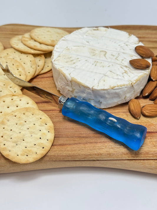 Cheese knife - Blueberry blue resin - irregular shaped handle with silver staple insert