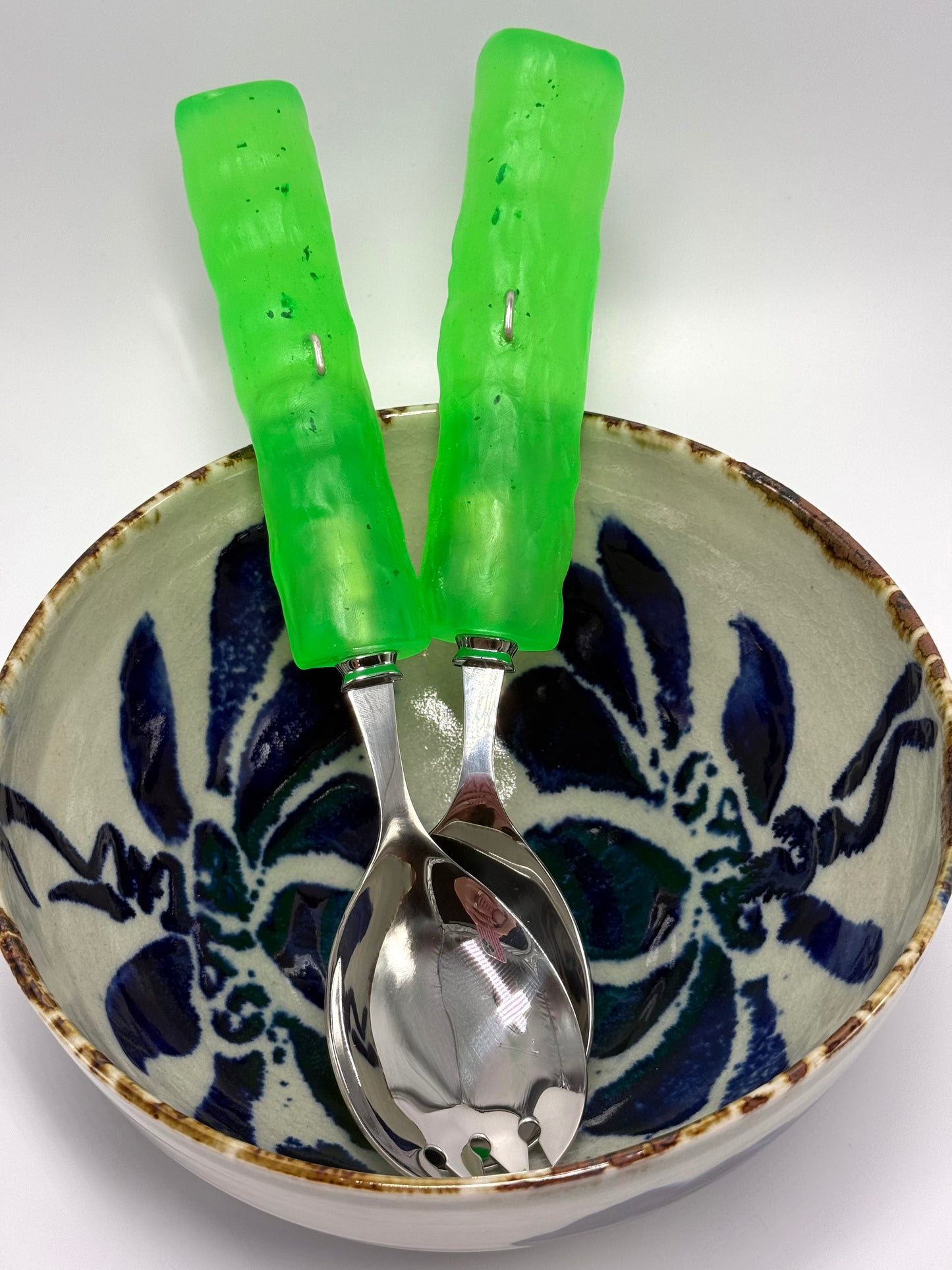 Salad Servers - Neon Greebn translucent resin & silver twist handle with Stainless steel spoon